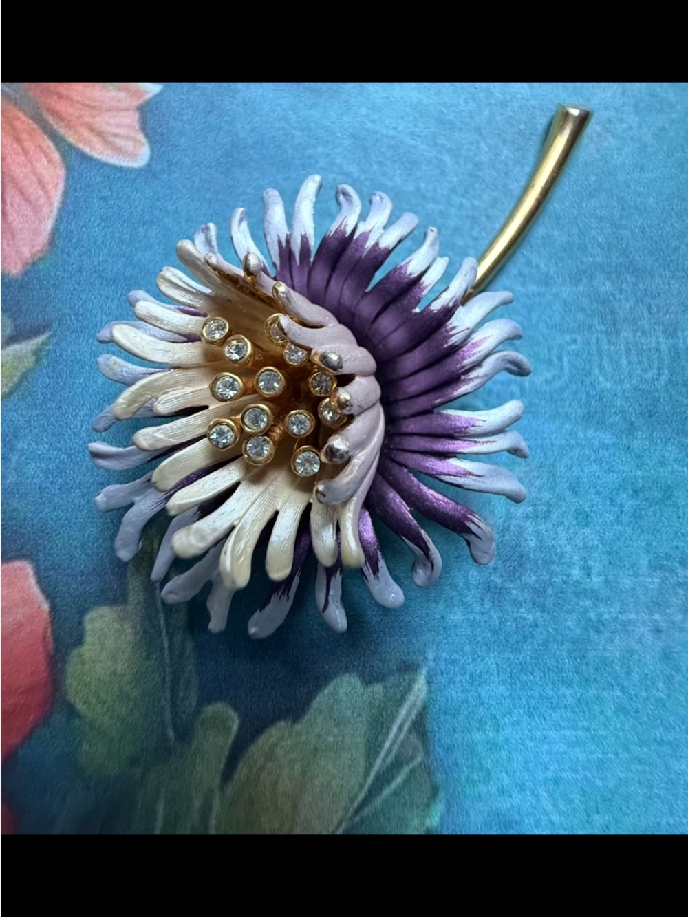 Floral Purple and Cream Enamel Crystal Pave Flower Brooch - Women Jewelry